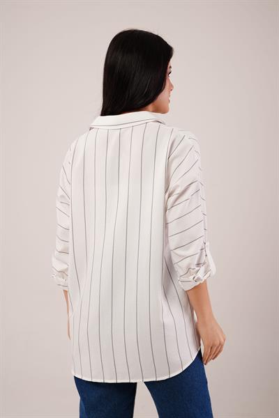 Siyah Çizgili Kol Katlamalı Gömlek