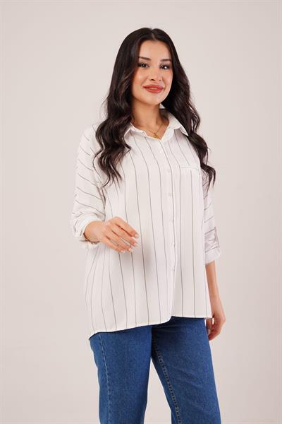 Siyah Çizgili Kol Katlamalı Gömlek