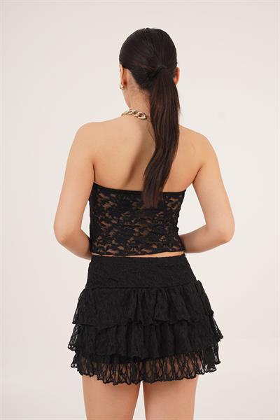 Straplez Dantelli Siyah Crop Bluz