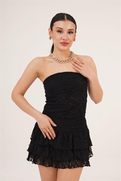 Straplez Dantelli Siyah Crop Bluz
