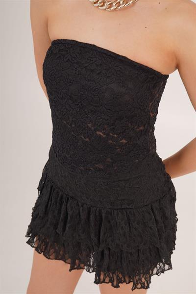 Straplez Dantelli Siyah Crop Bluz