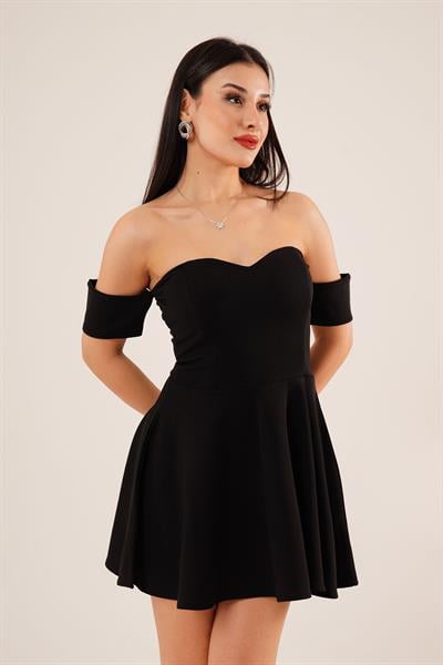 Straplez Kol Detaylı Siyah Mini Elbise
