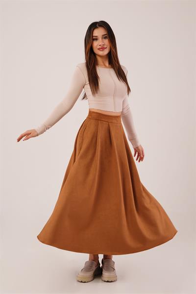 Süet Kalın Pileli Camel Uzun Etek