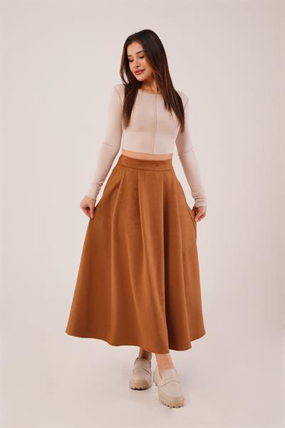 Süet Kalın Pileli Camel Uzun Etek