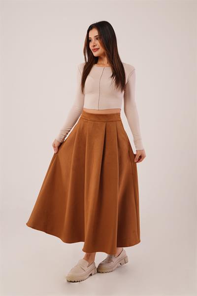 Süet Kalın Pileli Camel Uzun Etek