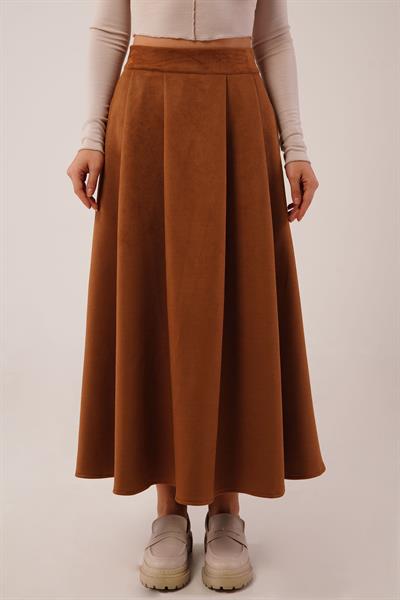 Süet Kalın Pileli Camel Uzun Etek