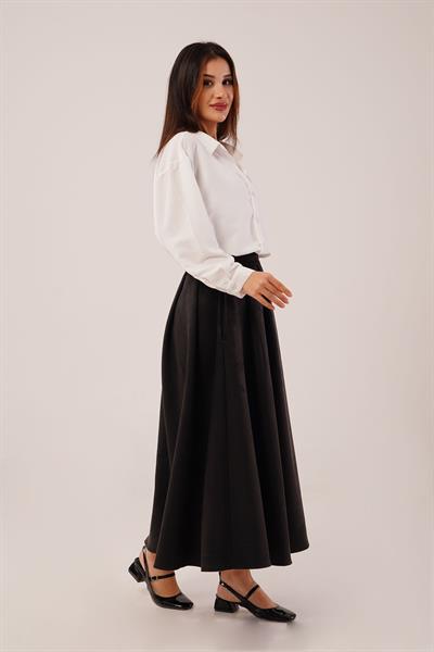 Süet Kalın Pileli Siyah Uzun Etek