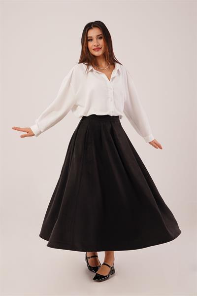 Süet Kalın Pileli Siyah Uzun Etek