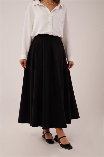 Süet Kalın Pileli Siyah Uzun Etek