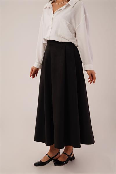 Süet Kalın Pileli Siyah Uzun Etek