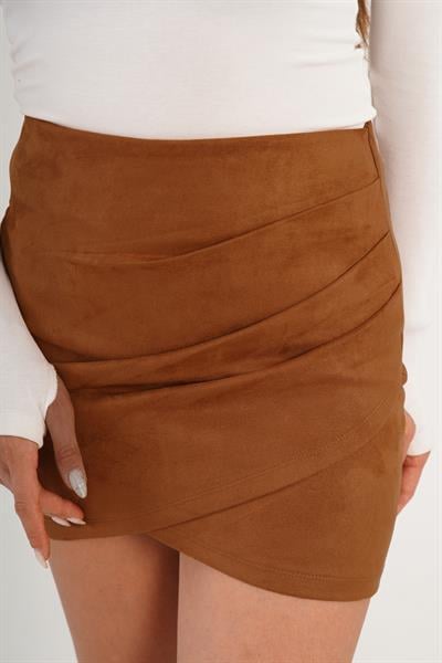 Önü Degaje Asimetrik Kesim Taba Süet Etek