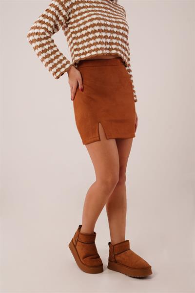 Süet Yan Fermuarlı Taba Nubuk Etek