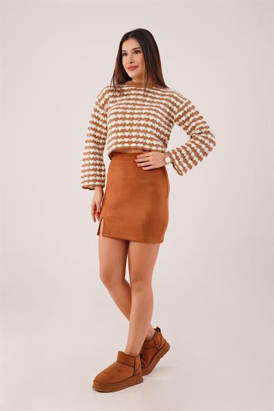 Süet Yan Fermuarlı Taba Nubuk Etek