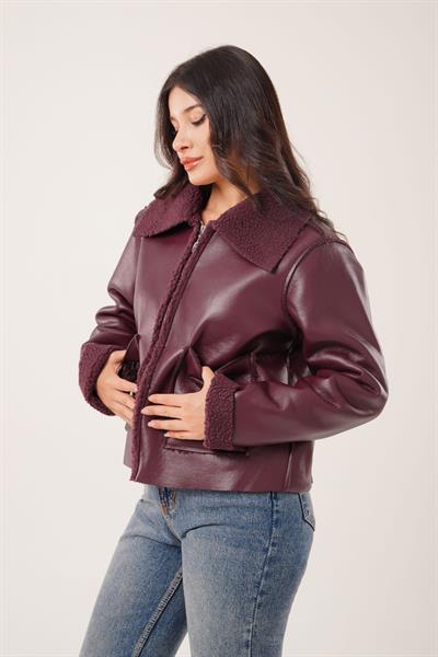 Suni Deri İçi Kürklü Biker Bordo Deri Ceket