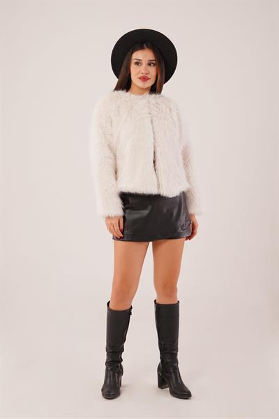 Suni Kürklü Bisiklet Yaka Ekru Kaban