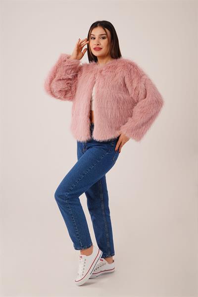 Suni Kürklü Bisiklet Yaka Pembe Kaban