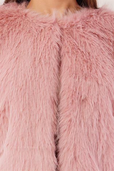 Suni Kürklü Bisiklet Yaka Pembe Kaban