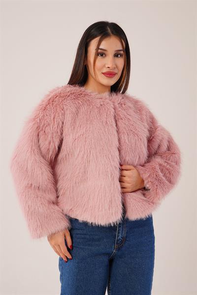 Suni Kürklü Bisiklet Yaka Pembe Kaban
