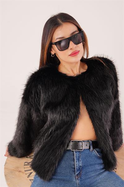 Suni Kürklü Bisiklet Yaka Siyah Kaban