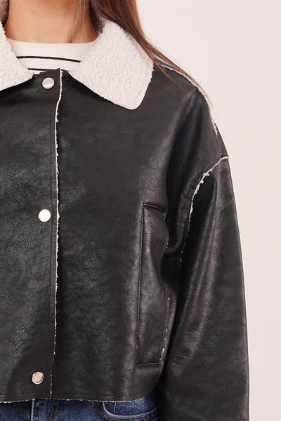 Suni Kürklü Suni Deri Siyah Ceket