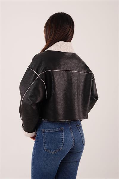 Suni Kürklü Suni Deri Siyah Ceket