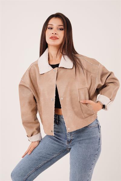 Suni Kürklü Suni Deri Vizon Ceket