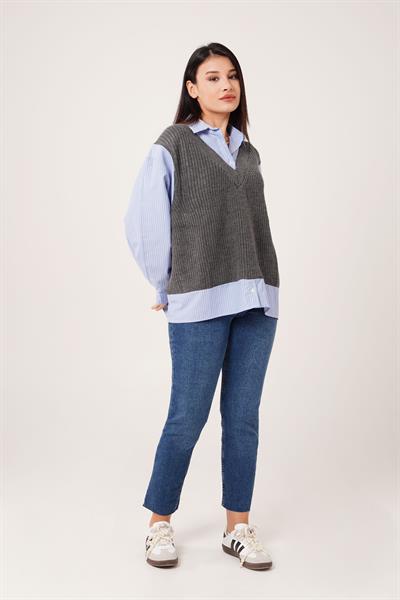 Süveterli Gömlek Yaka Antrasit Triko Kazak