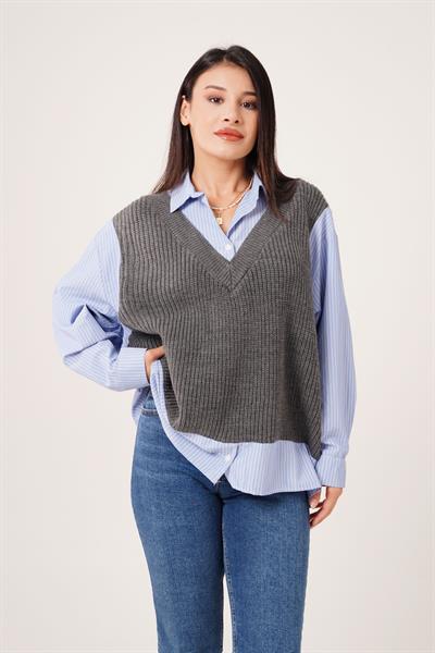 Süveterli Gömlek Yaka Antrasit Triko Kazak