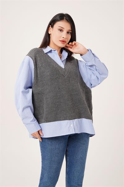 Süveterli Gömlek Yaka Antrasit Triko Kazak