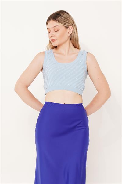 Taş İşleme Triko Bebe Mavisi Crop