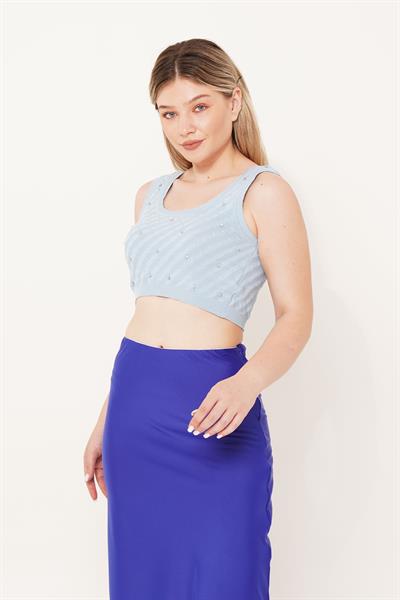 Taş İşleme Triko Bebe Mavisi Crop