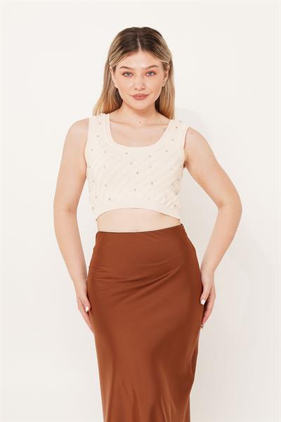 Taş İşleme Triko Bej Crop