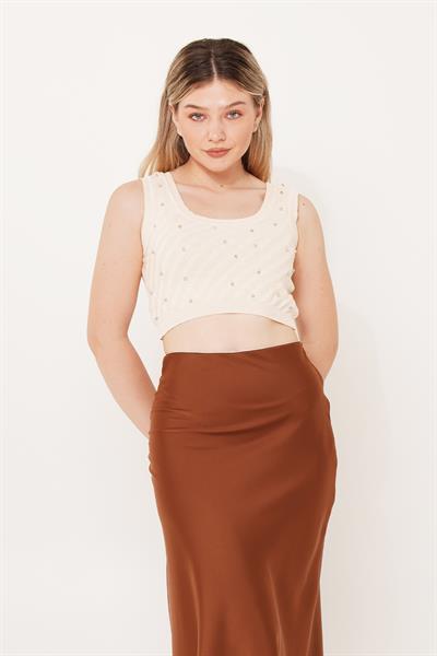 Taş İşleme Triko Bej Crop