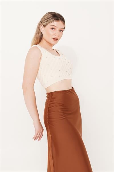 Taş İşleme Triko Bej Crop