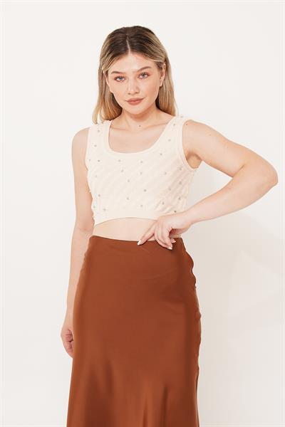 Taş İşleme Triko Bej Crop