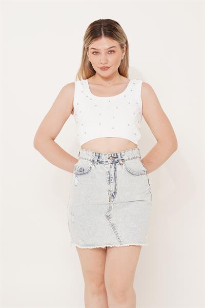 Taş İşleme Triko Beyaz Crop