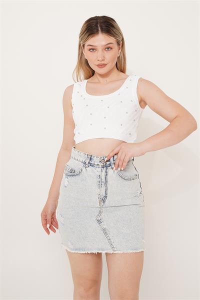 Taş İşleme Triko Beyaz Crop