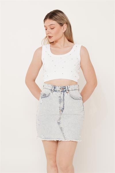 Taş İşleme Triko Beyaz Crop