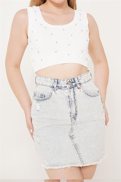 Taş İşleme Triko Beyaz Crop