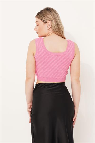 Taş İşleme Triko Pembe Crop