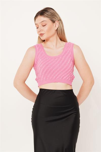 Taş İşleme Triko Pembe Crop