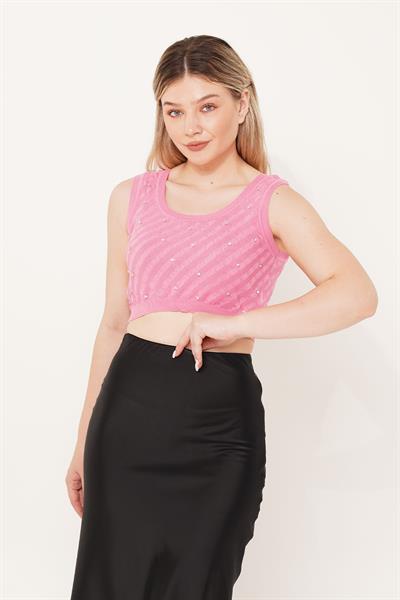 Taş İşleme Triko Pembe Crop