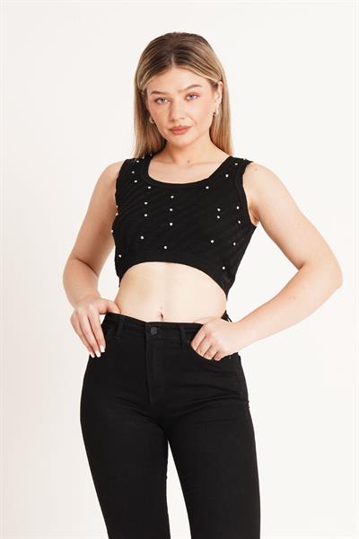 Taş İşleme Triko Siyah Crop