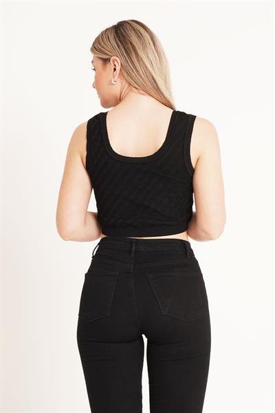Taş İşleme Triko Siyah Crop