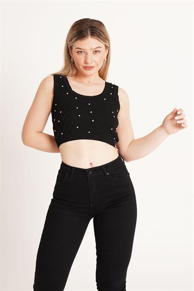 Taş İşleme Triko Siyah Crop