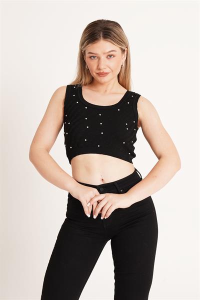 Taş İşleme Triko Siyah Crop