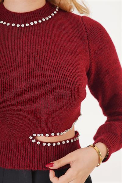 Taş İşlemeli Dekolte Detaylı Bordo Kısa Kazak