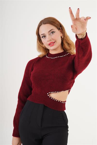 Taş İşlemeli Dekolte Detaylı Bordo Kısa Kazak