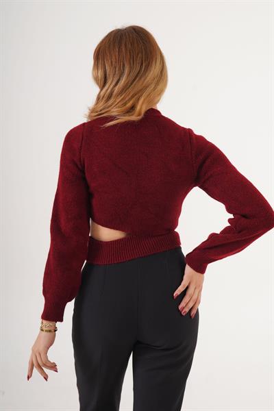 Taş İşlemeli Dekolte Detaylı Bordo Kısa Kazak