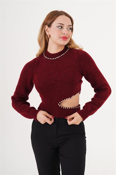 Taş İşlemeli Dekolte Detaylı Bordo Kısa Kazak